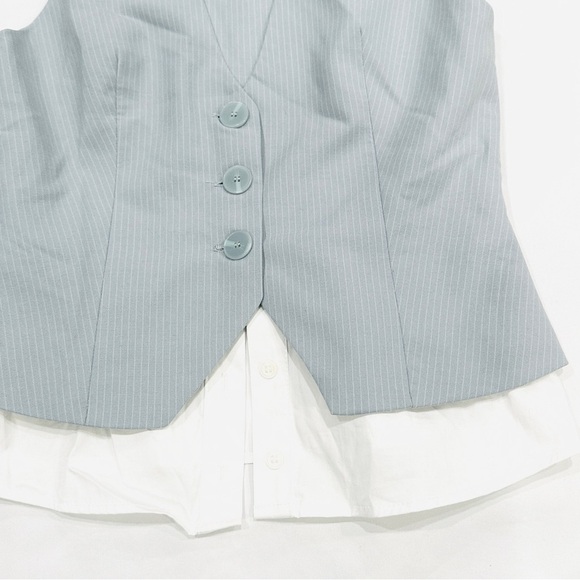 NWT Zara Blue Vest White Faux Button Down Striped Contrast Top - Picture 2 of 7